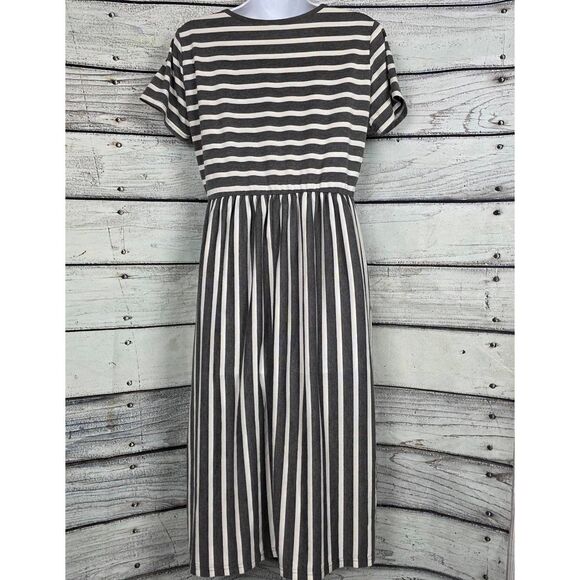 Tickled Teal Gray & White Striped Midi Dress M - Picture 6 of 10